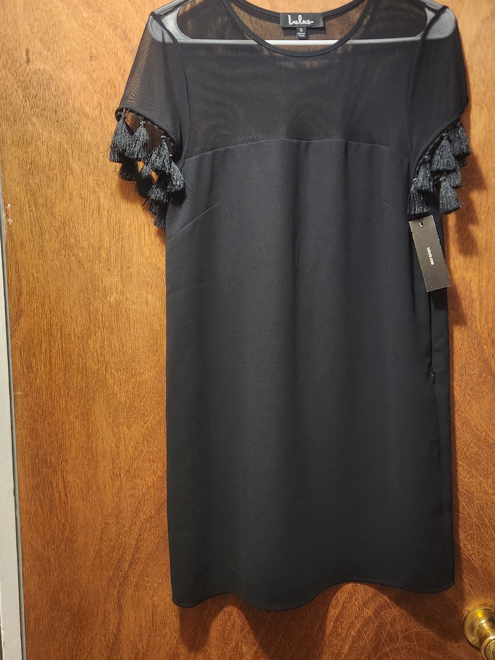 Lulu's Black Mesh-Yoke Tassel Sleeve Shift Dress